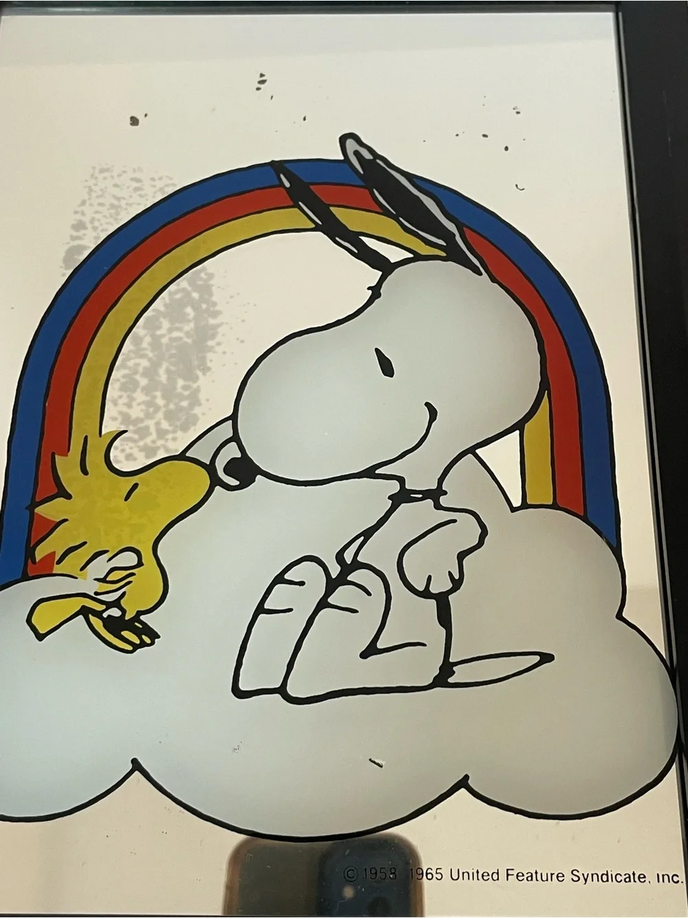 Vintage 1965 Snoopy & Woodstock Kissing Cloud Rainbow Mirror Framed